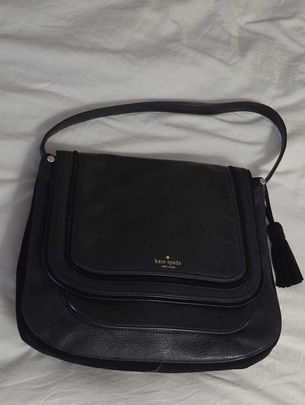 Kate Spade Leather Suede Saddle Bag Black With Tassel Charm